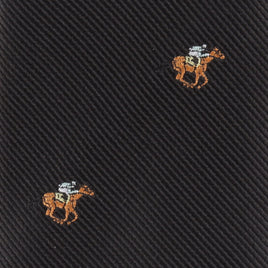 Close-up of the Horse Racing Skinny BLACK Tie, showcasing diagonal ribbed black fabric embroidered with a horse and rider motif in brown, white, and light blue—an elegant accessory for horse racing enthusiasts.