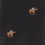 Close-up of the Horse Racing Skinny BLACK Tie, showcasing diagonal ribbed black fabric embroidered with a horse and rider motif in brown, white, and light blue—an elegant accessory for horse racing enthusiasts.