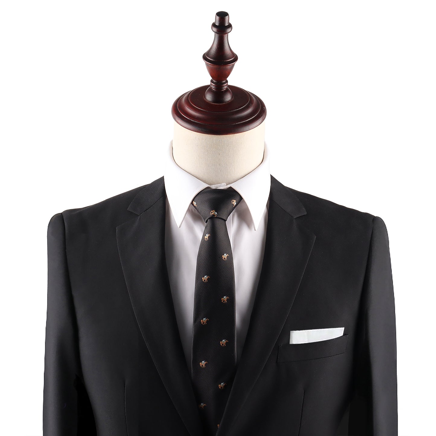 Mannequin dressed in a black suit jacket, white dress shirt, Horse Racing Skinny BLACK Tie with small patterns, and a white pocket square against a plain background.