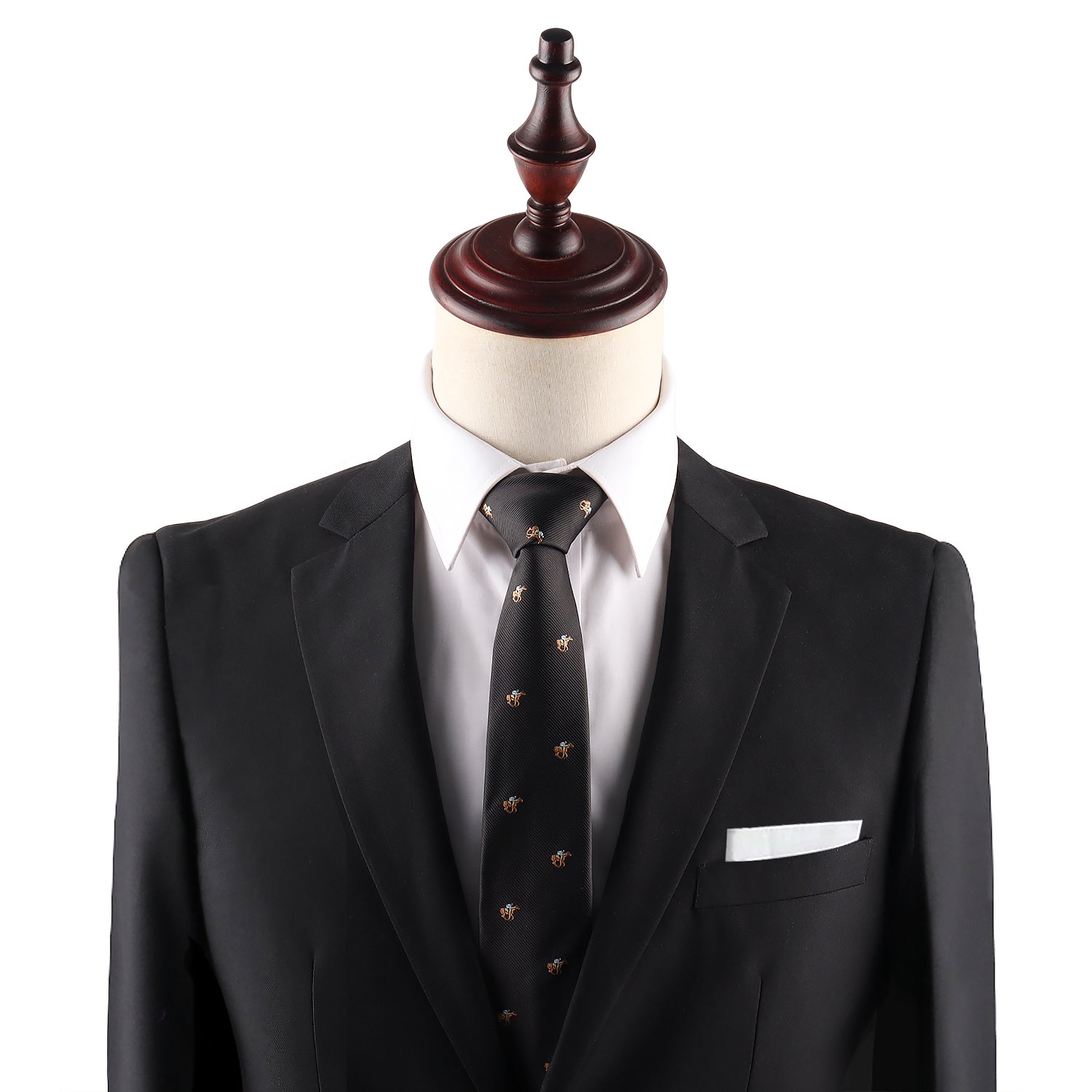 Mannequin dressed in a black suit jacket, white dress shirt, Horse Racing Skinny BLACK Tie with small patterns, and a white pocket square against a plain background.