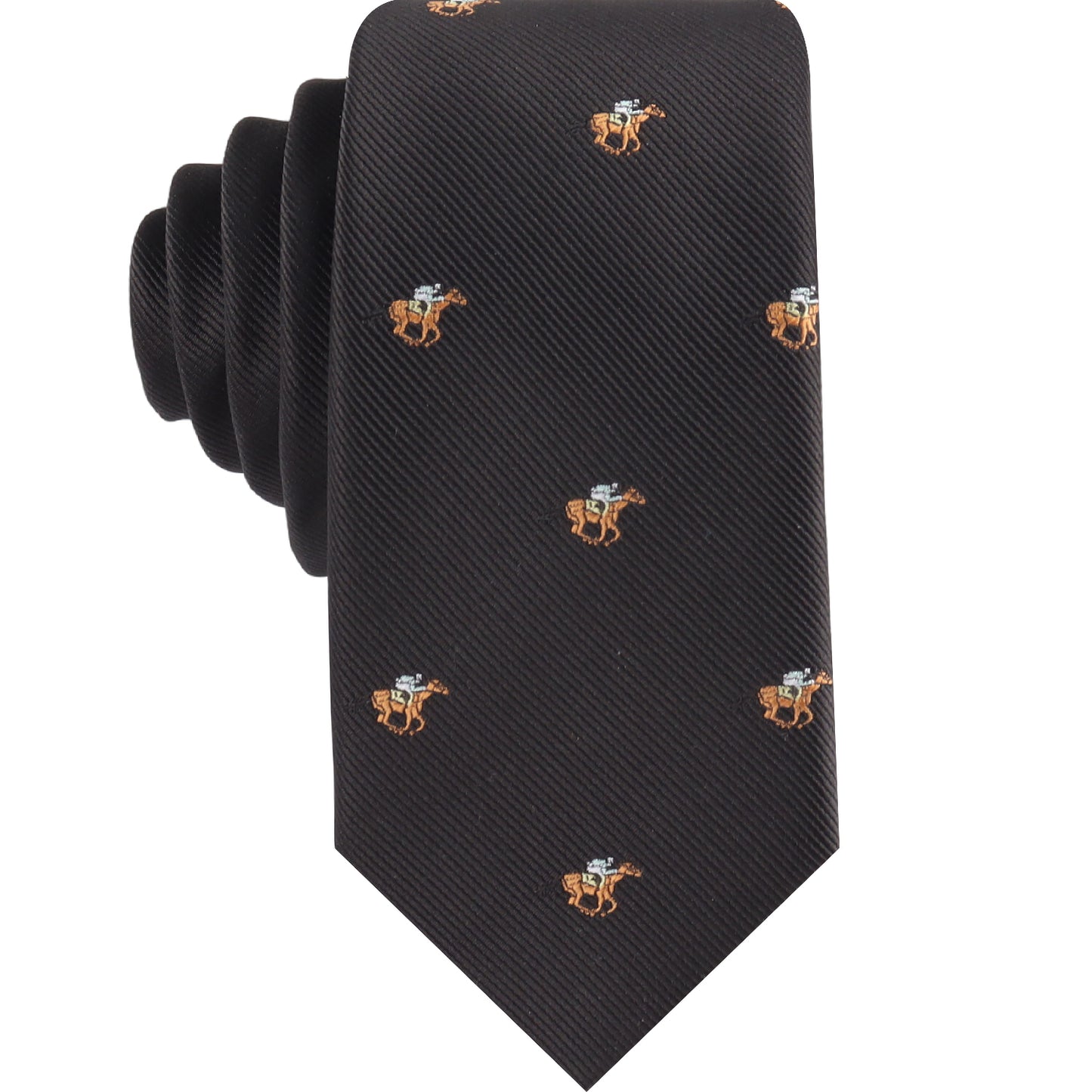 The Horse Racing Skinny BLACK Tie showcases a repeating embroidered pattern of small brown camels with loads—making it a standout conversation piece for any equestrian event.