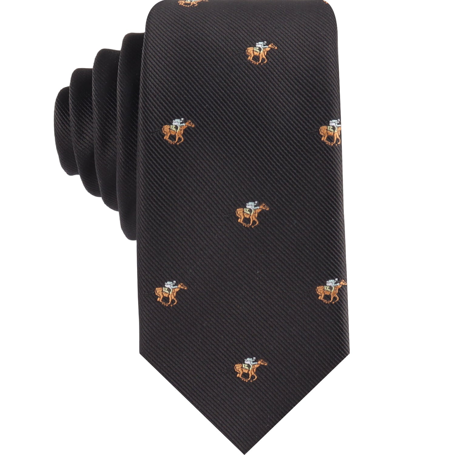 The Horse Racing Skinny BLACK Tie showcases a repeating embroidered pattern of small brown camels with loads—making it a standout conversation piece for any equestrian event.