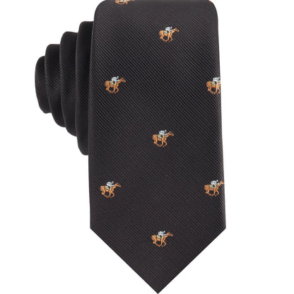The Horse Racing Skinny BLACK Tie showcases a repeating embroidered pattern of small brown camels with loads—making it a standout conversation piece for any equestrian event.
