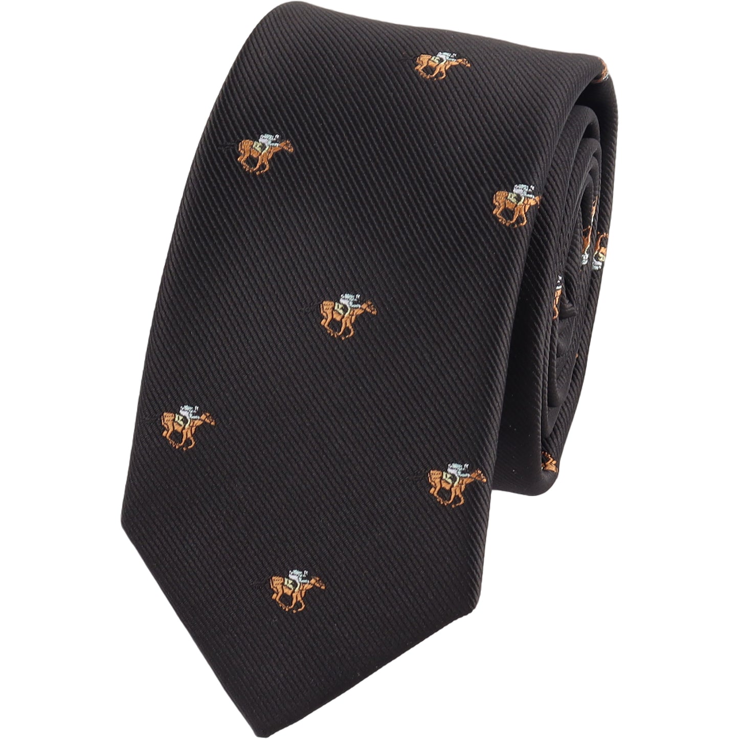 The Horse Racing Skinny BLACK Tie features embroidered brown horses with jockeys in blue and white—ideal for fans of horse racing or equestrian events.