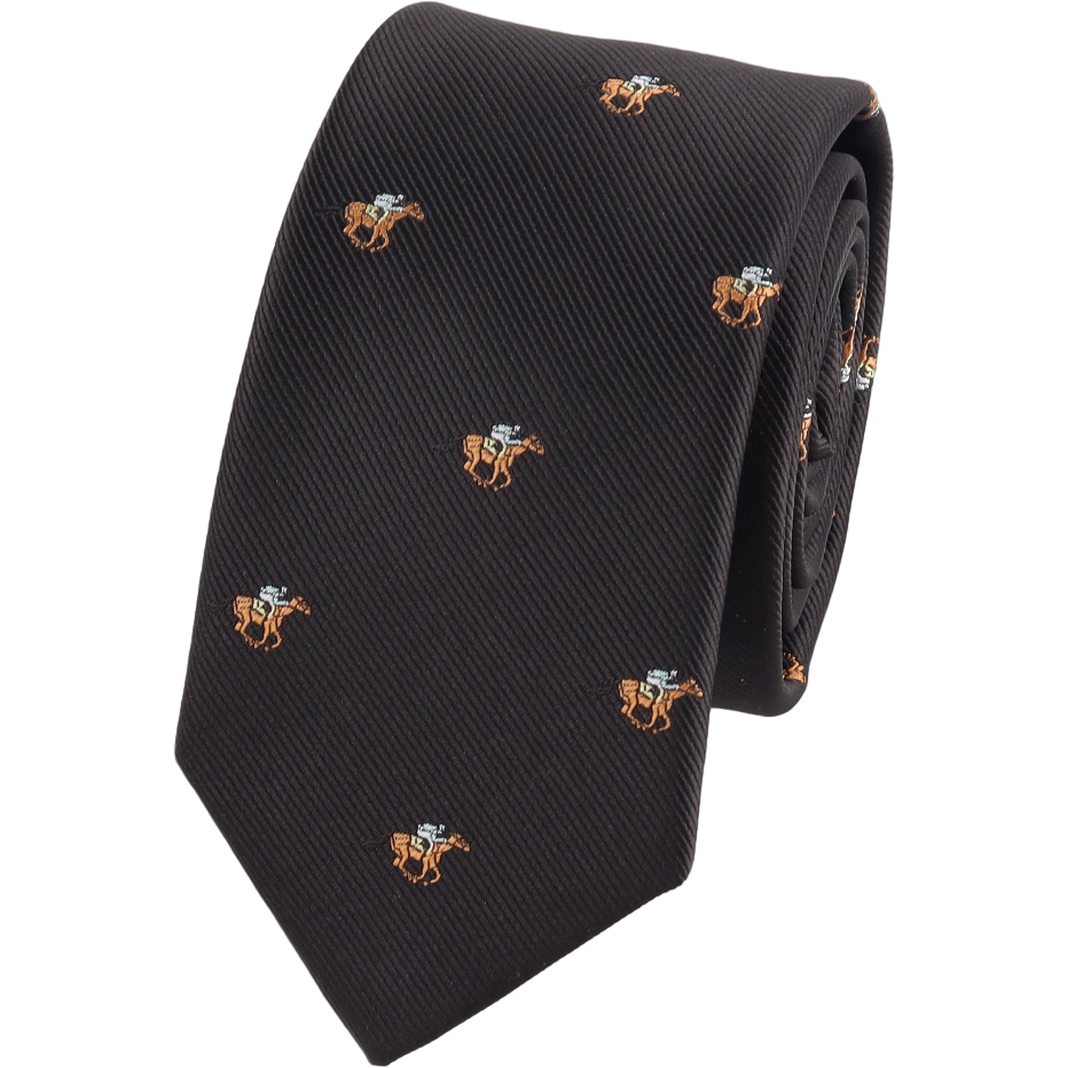 The Horse Racing Skinny BLACK Tie features embroidered brown horses with jockeys in blue and white—ideal for fans of horse racing or equestrian events.