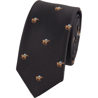The Horse Racing Skinny BLACK Tie features embroidered brown horses with jockeys in blue and white—ideal for fans of horse racing or equestrian events.