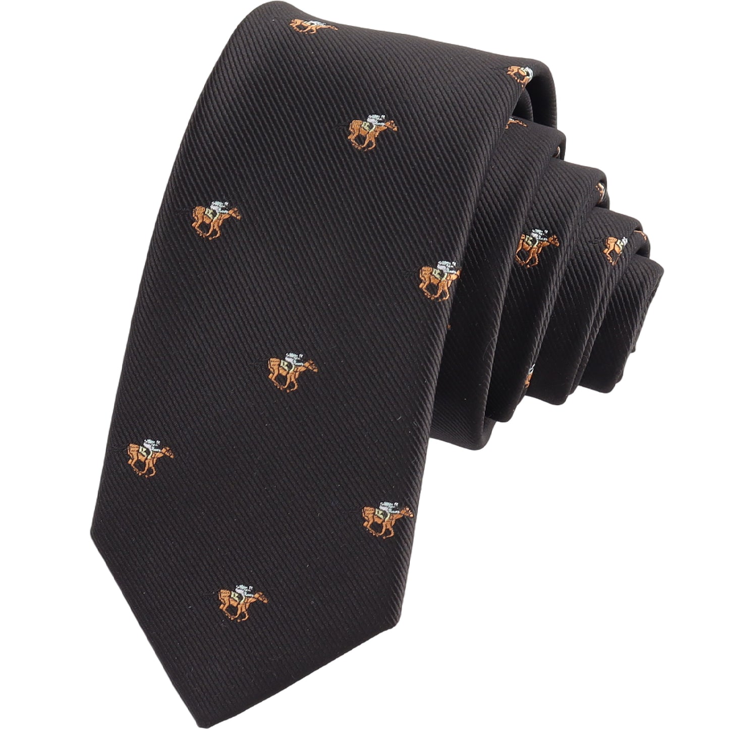 The Horse Racing Skinny BLACK Tie features a repeating embroidered cartoon bear in a suit, adding playful flair to your equestrian or jockey tie collection.