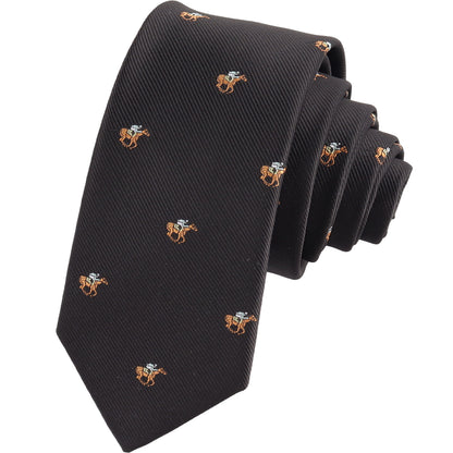 The Horse Racing Skinny BLACK Tie features a repeating embroidered cartoon bear in a suit, adding playful flair to your equestrian or jockey tie collection.