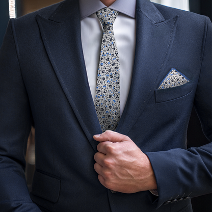 Under a midnight backdrop, a person in a dark suit adjusts their jacket, revealing a white shirt, a Black Light Blue Floral Cotton Skinny Tie & Pocket Square Set.