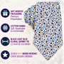 Black Light Blue Floral Skinny Cotton Tie, featuring a sleek white base with black and blue floral accents. Icons showcase its premium cotton material, fashionable 2.3-inch slim width, sophisticated packaging, and more than 10,000 five-star reviews—making it an ideal addition to any men’s accessory collection.