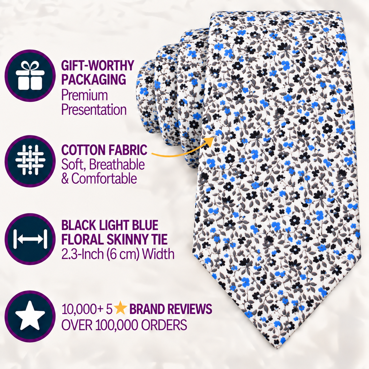 Black Light Blue Floral Skinny Cotton Tie, featuring a sleek white base with black and blue floral accents. Icons showcase its premium cotton material, fashionable 2.3-inch slim width, sophisticated packaging, and more than 10,000 five-star reviews—making it an ideal addition to any men’s accessory collection.