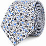 Elevate your look with the Black Light Blue Floral Skinny Cotton Tie—a refined men’s accessory featuring a white background adorned with a delicate pattern of small blue, black, and gray flowers and leaves. This rolled-up skinny tie adds a stylish touch to any ensemble.