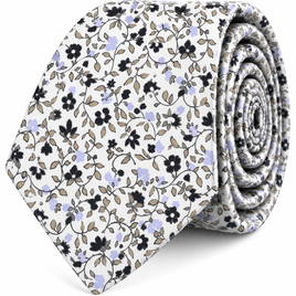 Introducing the Black Print Floral Skinny Cotton Tie—this refined men’s accessory features a white background adorned with black, light blue, and beige floral patterns. Expertly crafted in rolled-up cotton, it’s the perfect elegant touch for sophisticated occasions.