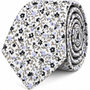 Introducing the Black Print Floral Skinny Cotton Tie—this refined men’s accessory features a white background adorned with black, light blue, and beige floral patterns. Expertly crafted in rolled-up cotton, it’s the perfect elegant touch for sophisticated occasions.