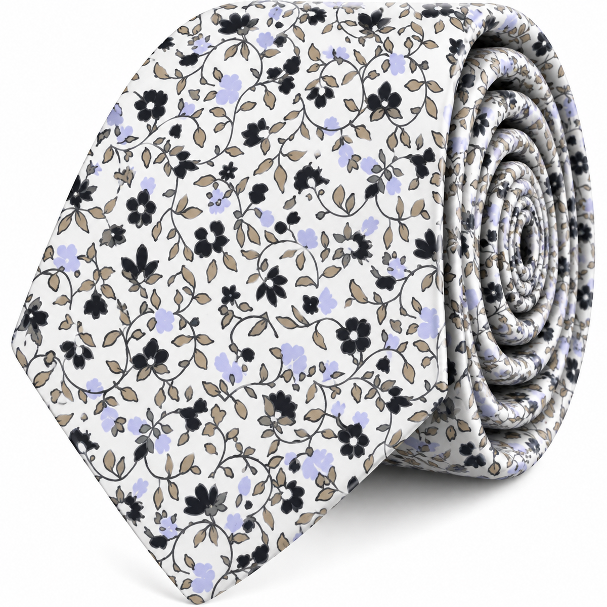 Introducing the Black Print Floral Skinny Cotton Tie—this refined men’s accessory features a white background adorned with black, light blue, and beige floral patterns. Expertly crafted in rolled-up cotton, it’s the perfect elegant touch for sophisticated occasions.