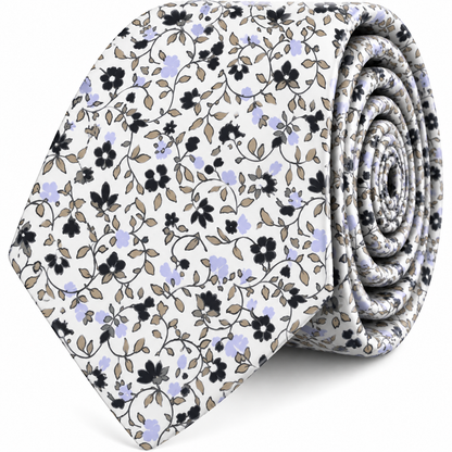 Introducing the Black Print Floral Skinny Cotton Tie—this refined men’s accessory features a white background adorned with black, light blue, and beige floral patterns. Expertly crafted in rolled-up cotton, it’s the perfect elegant touch for sophisticated occasions.