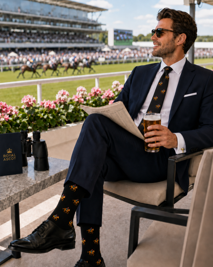 At Royal Ascot, a man in a suit enjoys a drink and newspaper while sporting Black Thoroughbred Horse Racing Socks, with horses racing by and flowers adorning the balcony.