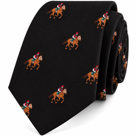 The Black Thoroughbred Racing Horse Skinny Tie showcases a repeating pattern of embroidered jockeys riding brown horses, each adorned with red helmets and blue, green, and white outfits—making it an ideal equestrian accessory for any horse racing enthusiast seeking a distinctive tie.