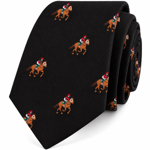 The Black Thoroughbred Racing Horse Skinny Tie showcases a repeating pattern of embroidered jockeys riding brown horses, each adorned with red helmets and blue, green, and white outfits—making it an ideal equestrian accessory for any horse racing enthusiast seeking a distinctive tie.