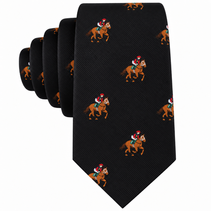 Black Thoroughbred Racing Horse Skinny Tie decorated with a repeating pattern of jockeys riding brown horses, wearing red caps and green sleeves—a stylish horse racing necktie perfect for any equestrian enthusiast.