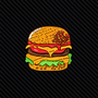 Introducing the Black Tie Burger: an embroidered patch featuring a cheeseburger with lettuce, tomato, cheese, and a sesame seed bun on a dark, textured background—an ideal gift for food lovers and the perfect quirky accessory for men’s fashion enthusiasts.