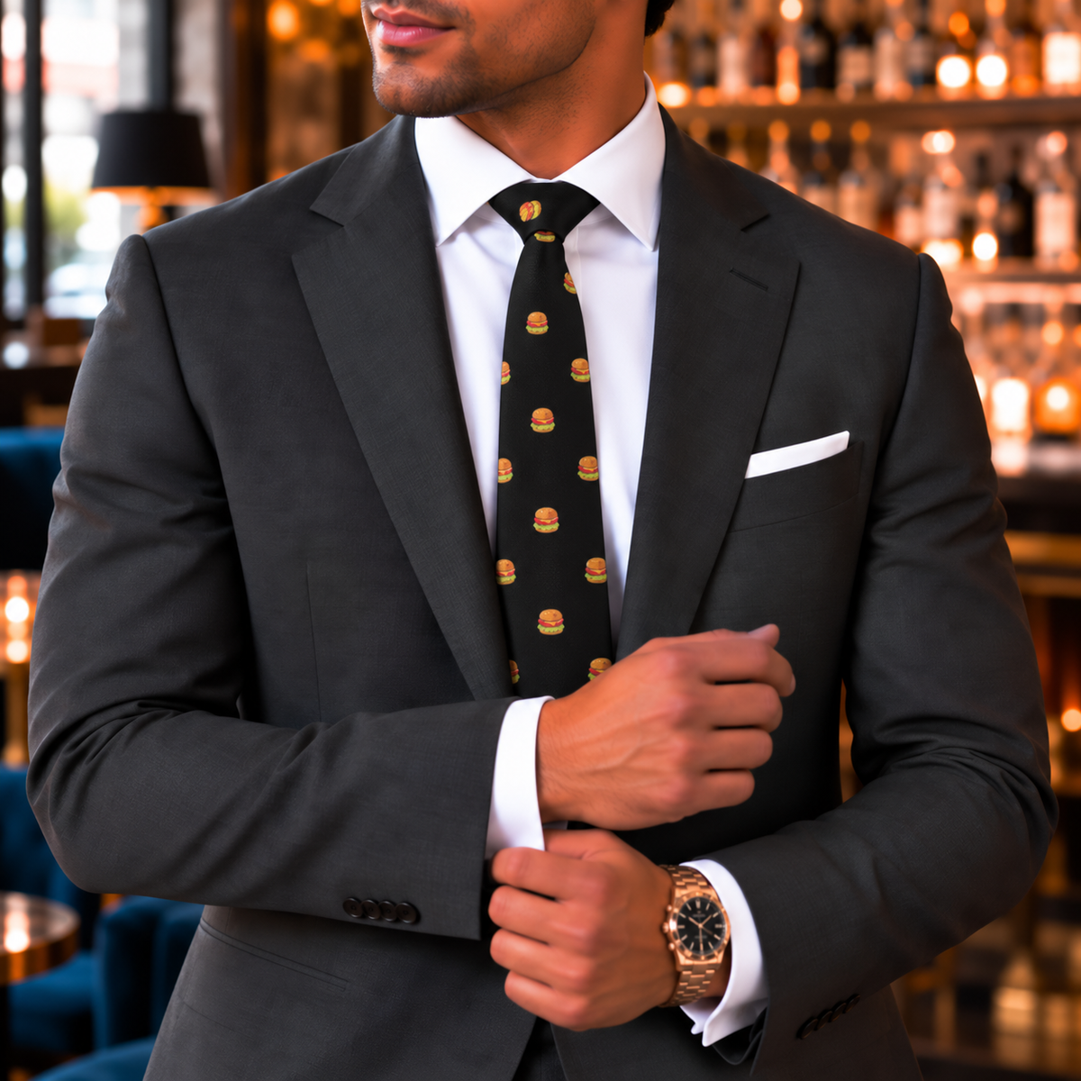 A man in a dark suit wearing the Black Tie Burger skinny tie adjusts his cuff in an upscale bar lined with shelves of bottles, effortlessly showcasing quirky men’s fashion—the perfect gift for the ultimate food lover.