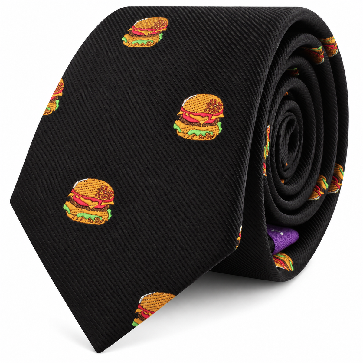 Introducing the Black Tie Burger: a black necktie adorned with a repeating pattern of small embroidered hamburgers, displayed rolled up on a white background—an ideal gift for food lovers and a standout choice for those seeking quirky men’s fashion.