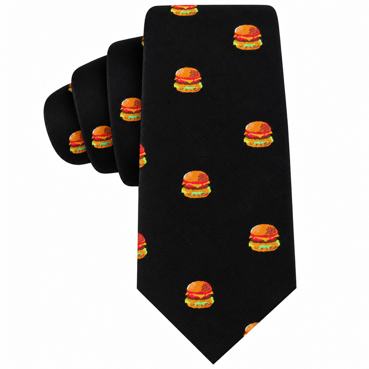 Introducing the Black Tie Burger—a quirky men’s fashion statement featuring a black necktie adorned with a repeating pattern of small, colorful cartoon hamburgers. This burger print skinny tie makes the perfect gift for any food lover!.