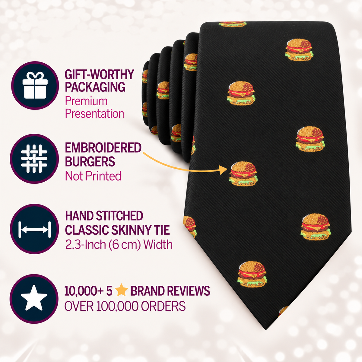 Elevate your quirky men’s fashion with the Black Tie Burger—a hand-stitched skinny black tie featuring a unique embroidered burger print design. Arriving in premium packaging and boasting over 10,000 five-star reviews, this standout accessory is the ultimate gift for food lovers who appreciate a playful twist on classic style.