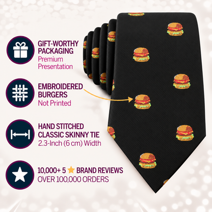 Elevate your quirky men’s fashion with the Black Tie Burger—a hand-stitched skinny black tie featuring a unique embroidered burger print design. Arriving in premium packaging and boasting over 10,000 five-star reviews, this standout accessory is the ultimate gift for food lovers who appreciate a playful twist on classic style.