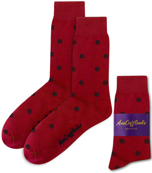 A pair of Blue Basketball Socks featuring small black polka dots, displayed both unfolded and folded with AusCufflinks Australia branding.