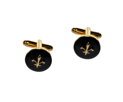 A pair of Gold on Black Cufflinks featuring opulent gold fleur-de-lis designs that exude regal charm and create striking contrasts.