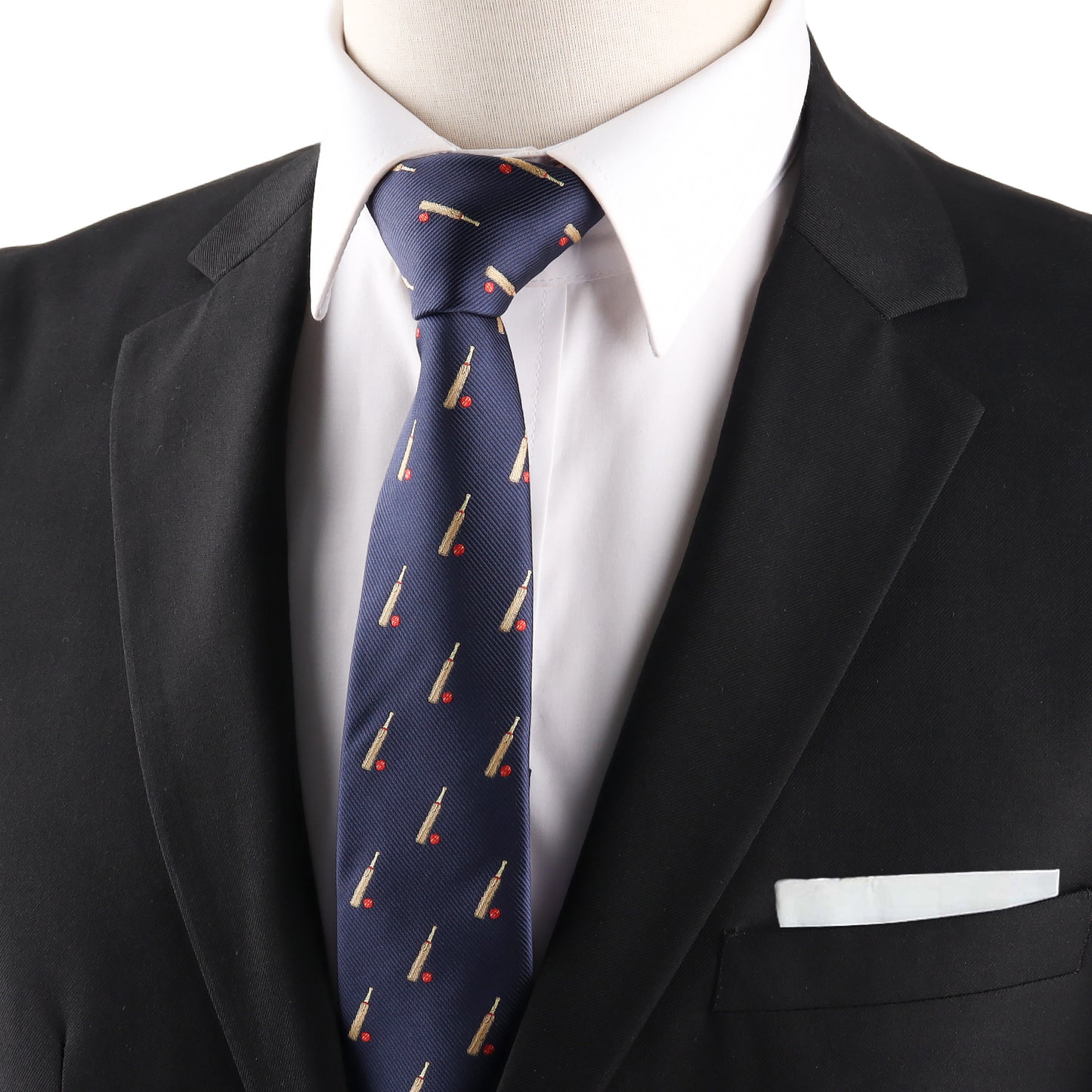 black cricket bat and ball slim tie with modern skinny fit designed for cricket enthusiasts and sports themed outfits