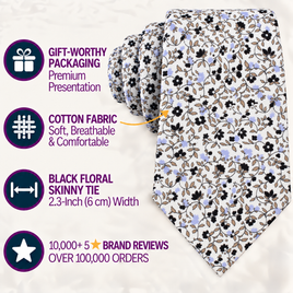 The Black Print Floral Skinny Cotton Tie is featured alongside icons emphasizing its premium packaging, breathable cotton fabric, and outstanding customer ratings—making it the ideal men’s formal accessory for any occasion.