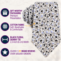 The Black Print Floral Skinny Cotton Tie is featured alongside icons emphasizing its premium packaging, breathable cotton fabric, and outstanding customer ratings—making it the ideal men’s formal accessory for any occasion.