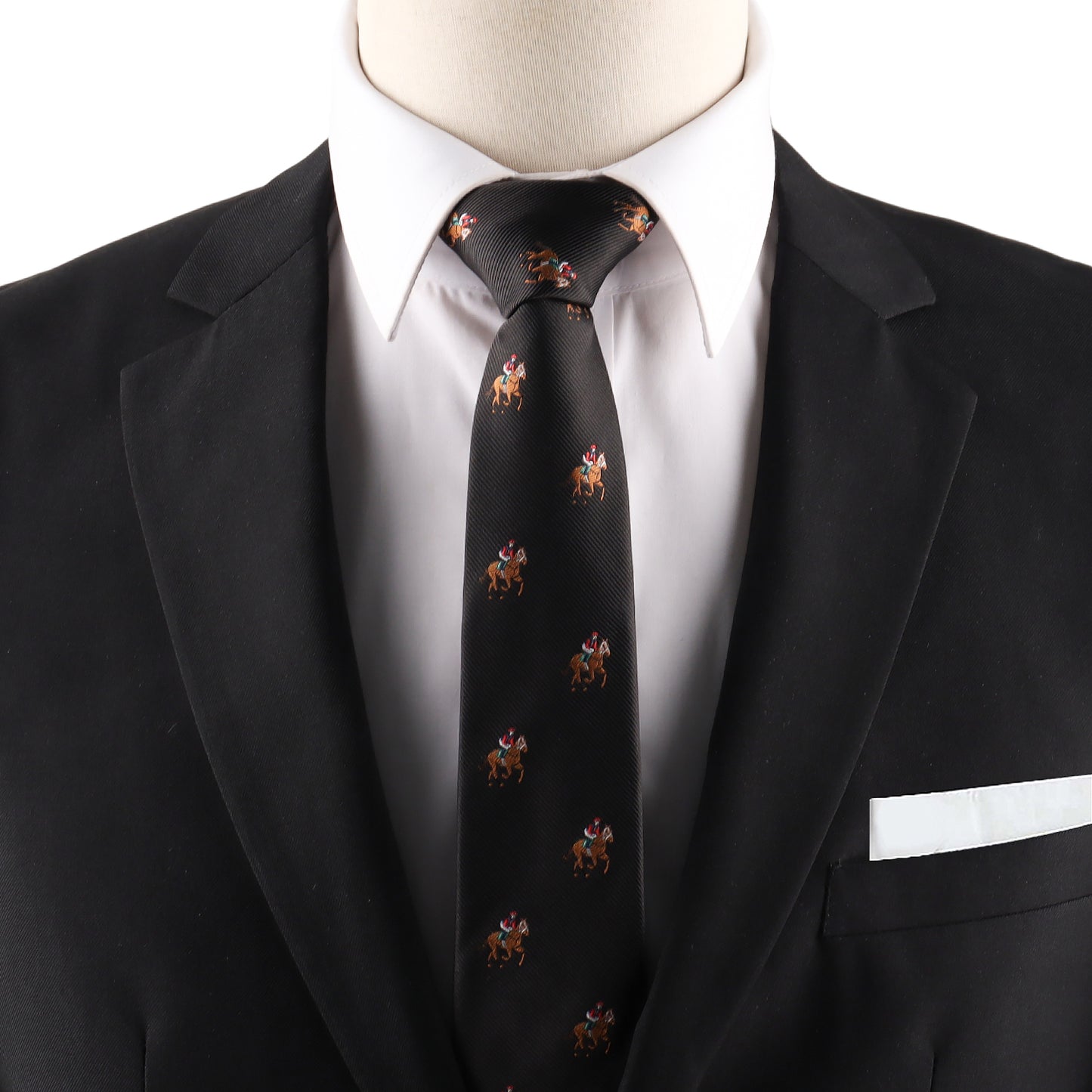 black racing horse print skinny tie featuring thoroughbred inspired artwork for horse racing enthusiasts
