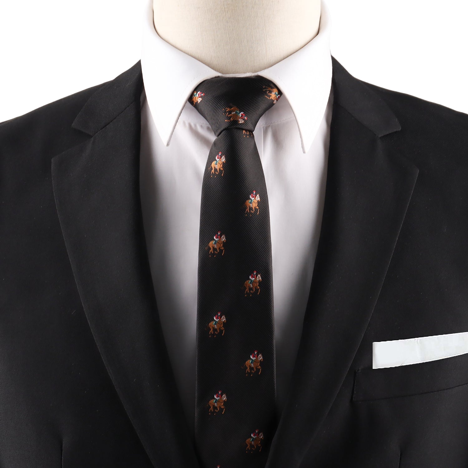 black racing horse print skinny tie featuring thoroughbred inspired artwork for horse racing enthusiasts