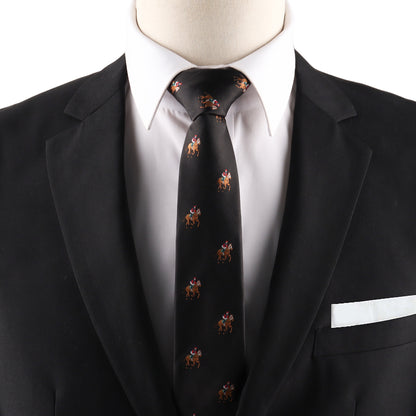 black racing horse print skinny tie featuring thoroughbred inspired artwork for horse racing enthusiasts