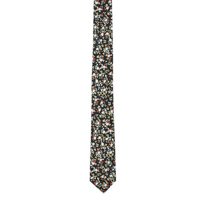 The Black Red Yellow Multi Cotton Floral Skinny Tie & Pocket Square Set features a black necktie adorned with a vibrant floral pattern of red, white, and yellow flowers, creating a festive and elegant look against its midnight backdrop.