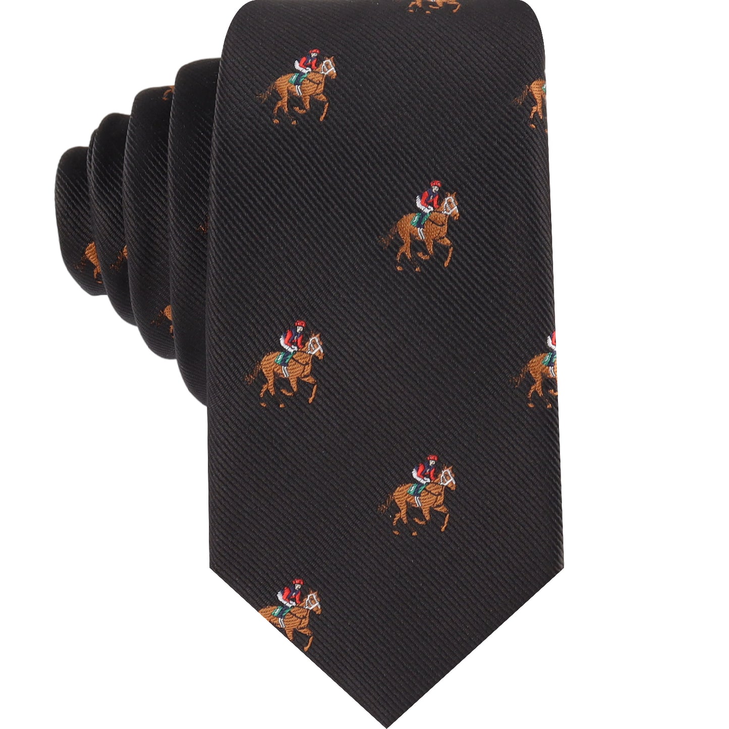 black thoroughbred racing horse skinny tie for men featuring elegant equestrian inspired design for formal and race day wear