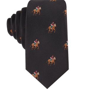 black thoroughbred racing horse skinny tie for men featuring elegant equestrian inspired design for formal and race day wear