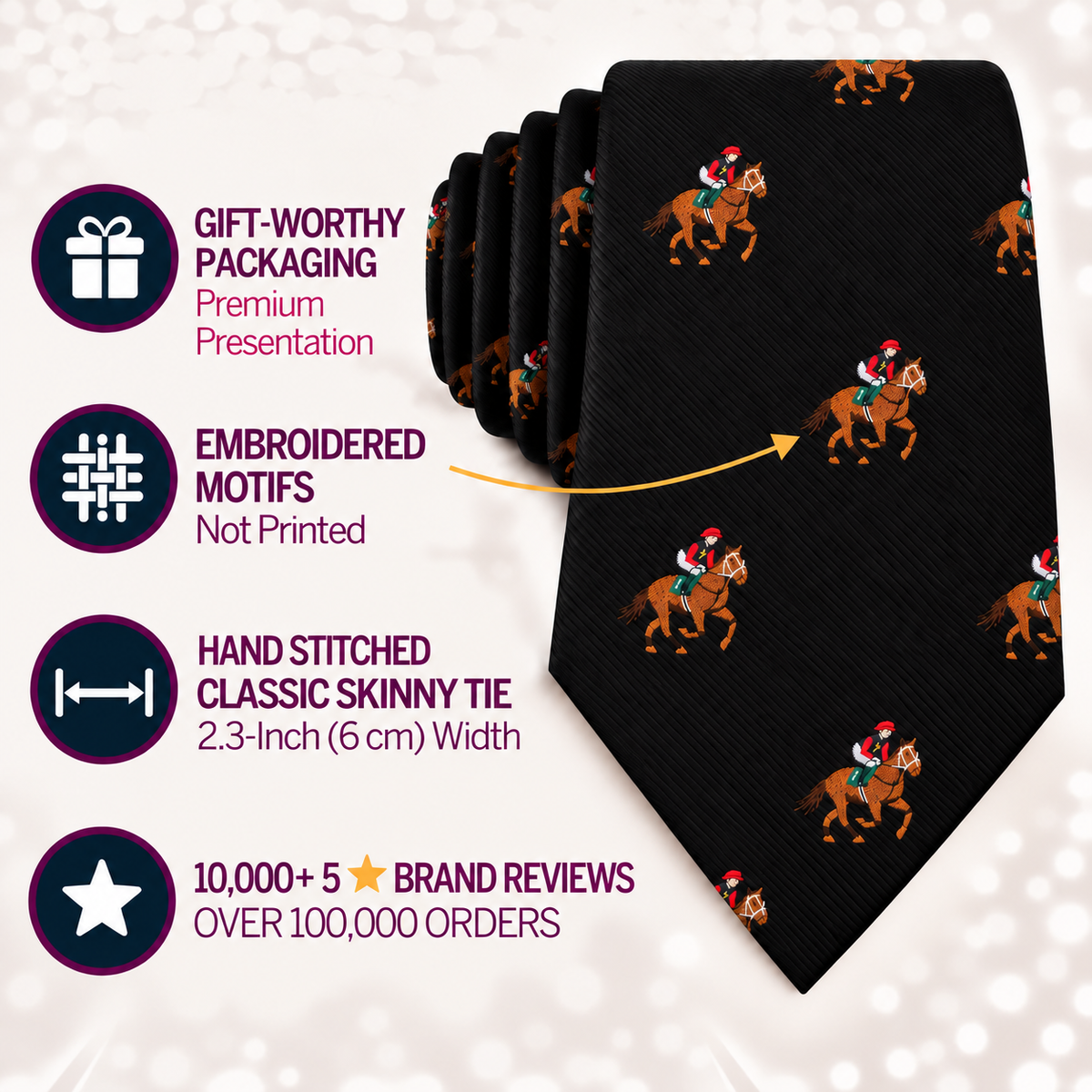 Introducing the Black Thoroughbred Racing Horse Skinny Tie, featuring elegant embroidered horse motifs, presented in stylish gift packaging. This classic skinny tie evokes the refined look of a black horse accessory and has received glowing customer reviews.