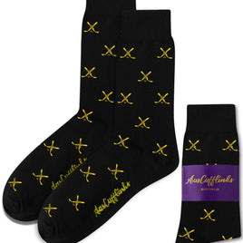 Yellow and Navy Ice Hockey Cross Socks feature a repeating yellow crossed-hockey-sticks pattern. Displayed with "AussieCufflinks Australia" packaging, these moisture-wicking socks provide comfort and style for any occasion.