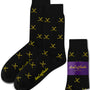 Yellow and Navy Ice Hockey Cross Socks feature a repeating yellow crossed-hockey-sticks pattern. Displayed with "AussieCufflinks Australia" packaging, these moisture-wicking socks provide comfort and style for any occasion.