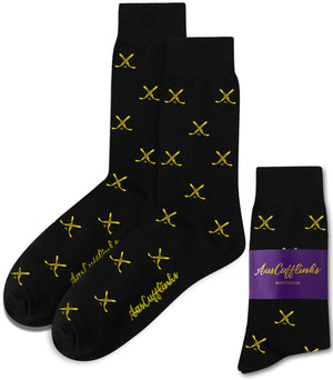 Yellow and Navy Ice Hockey Cross Socks feature a repeating yellow crossed-hockey-sticks pattern. Displayed with "AussieCufflinks Australia" packaging, these moisture-wicking socks provide comfort and style for any occasion.