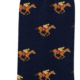 Melbourne Race Horse Socks—navy blue socks with a pattern of pixelated yellow racehorses and red-and-white jockeys; a fun, quirky gift for racing fans.