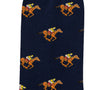 Melbourne Race Horse Socks—navy blue socks with a pattern of pixelated yellow racehorses and red-and-white jockeys; a fun, quirky gift for racing fans.