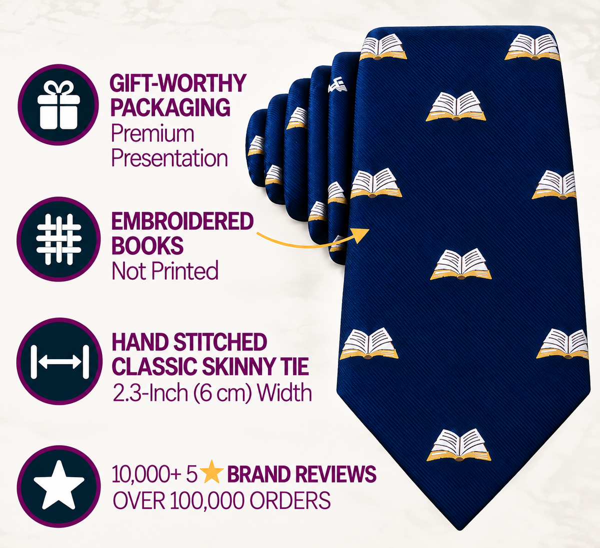 The Book Skinny Tie in navy blue features embroidered open book motifs and is displayed with icons emphasizing its premium packaging, intricate embroidery, hand stitching, and excellent customer ratings.