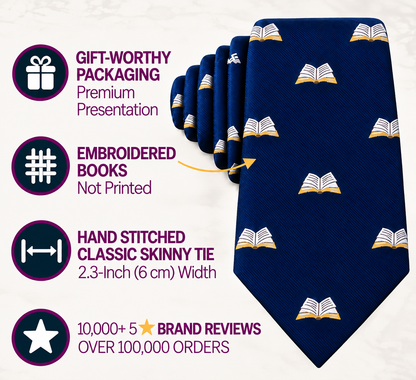 The Book Skinny Tie in navy blue features embroidered open book motifs and is displayed with icons emphasizing its premium packaging, intricate embroidery, hand stitching, and excellent customer ratings.
