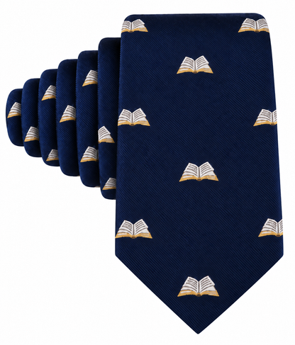 Introducing the Book Skinny Tie: a navy blue necktie featuring a repeating pattern of small embroidered open books in white and gold—making it the perfect literary accessory for book lovers.